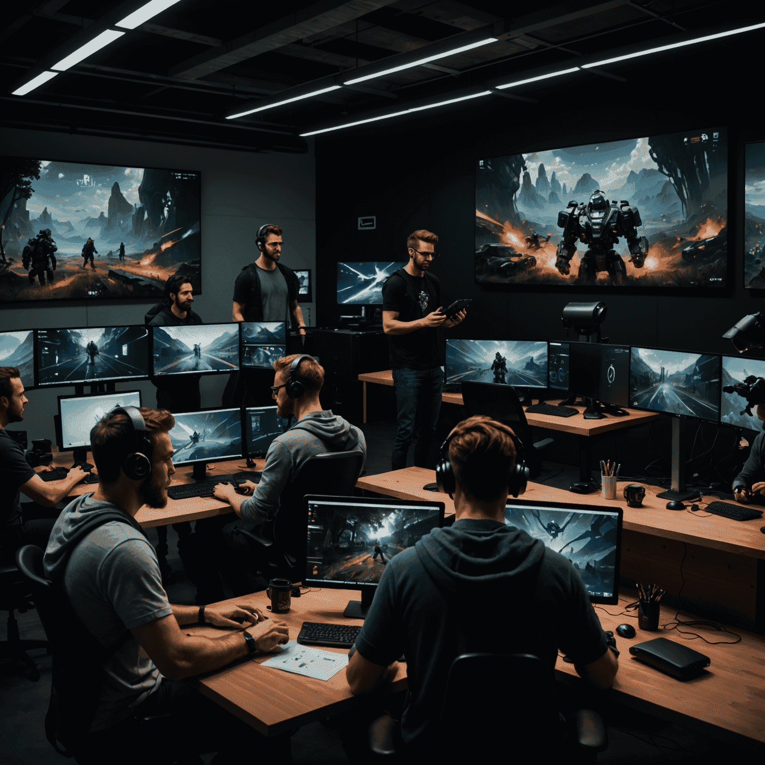 Team of game developers collaborating on a project, surrounded by concept art and computer screens showing game prototypes