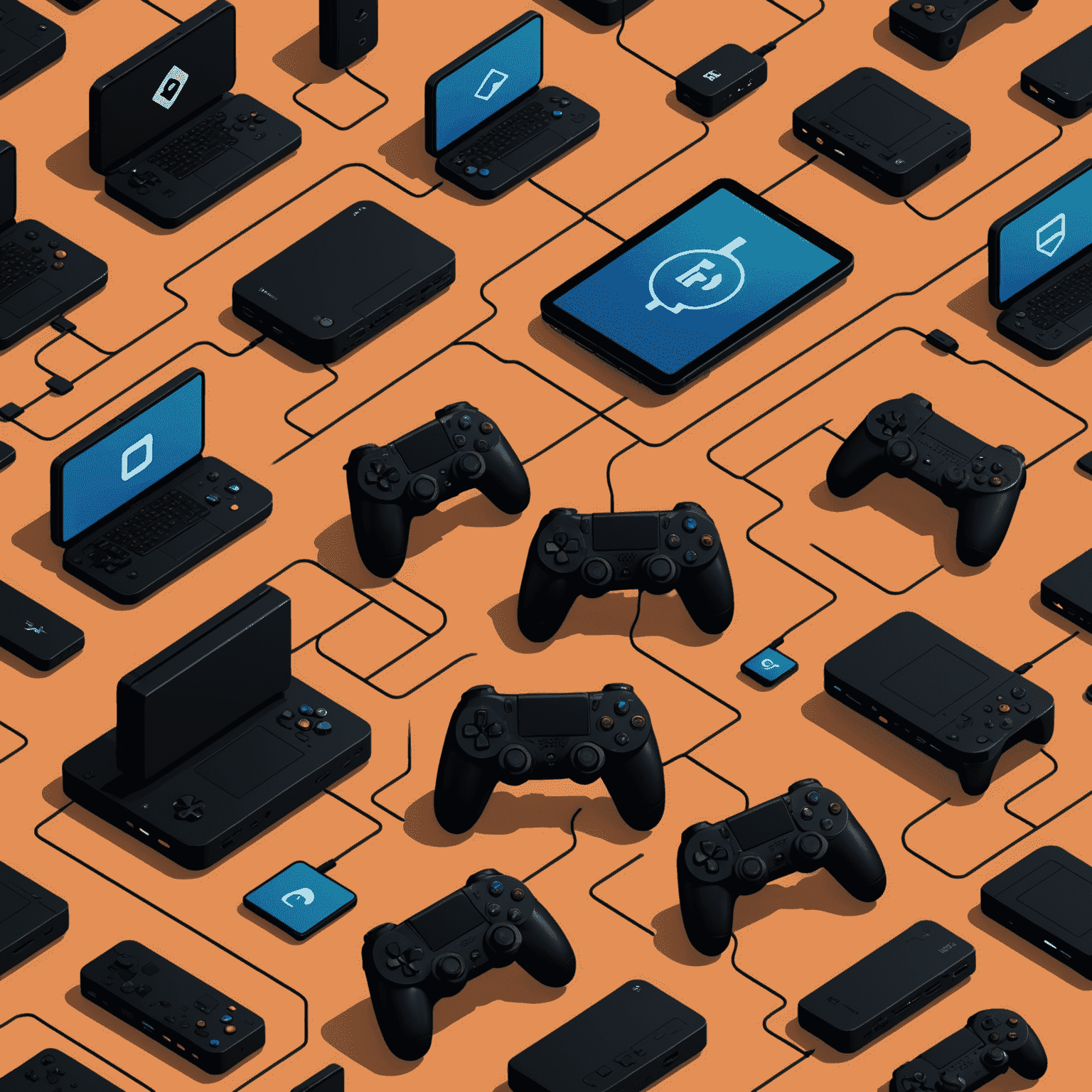 A visual representation of multiple gaming platforms connected by lines, symbolizing cross-platform game design. Includes icons of mobile phones, consoles, and PCs.