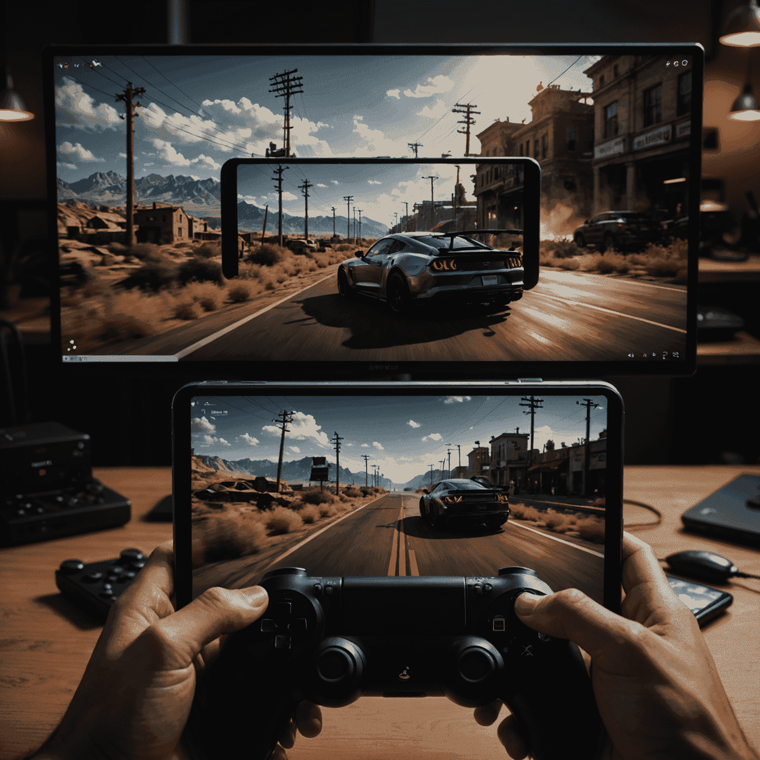 A split-screen image showing a game running smoothly on multiple devices: smartphone, tablet, PC, and gaming console. The game visuals are consistent across all platforms, demonstrating optimized cross-platform performance.