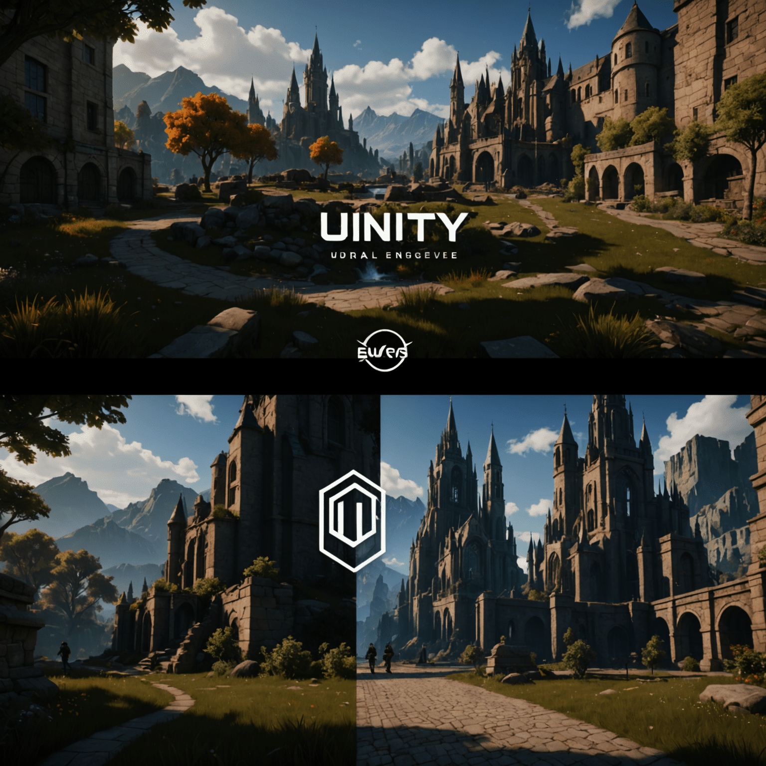 A split-screen image showing Unity and Unreal Engine logos side by side, with game development interfaces and 3D models in the background, representing the comparison between these two popular game engines.