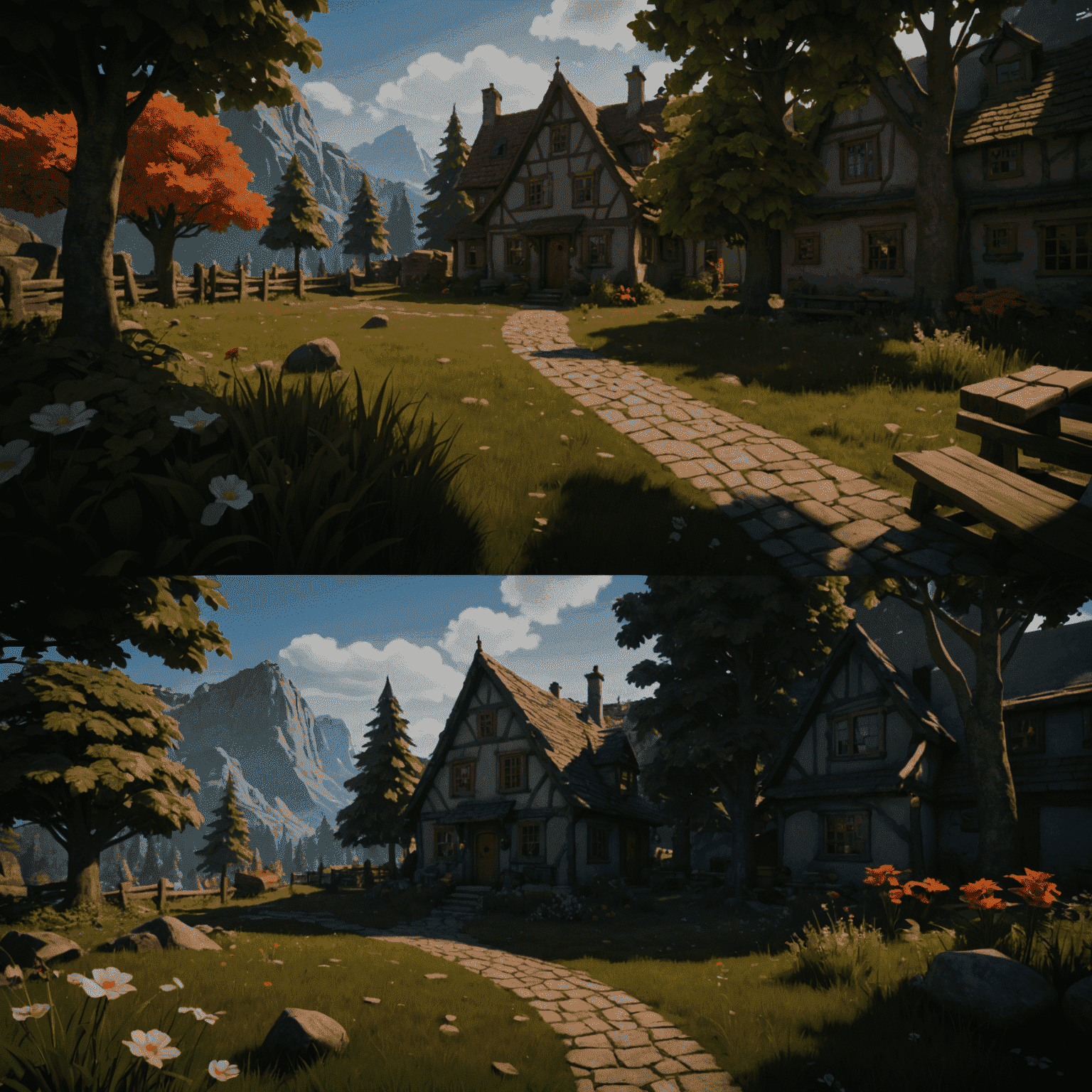 Split-screen image showing a photorealistic scene rendered in Unreal Engine on the left and a stylized, cartoon-like scene created in Unity on the right