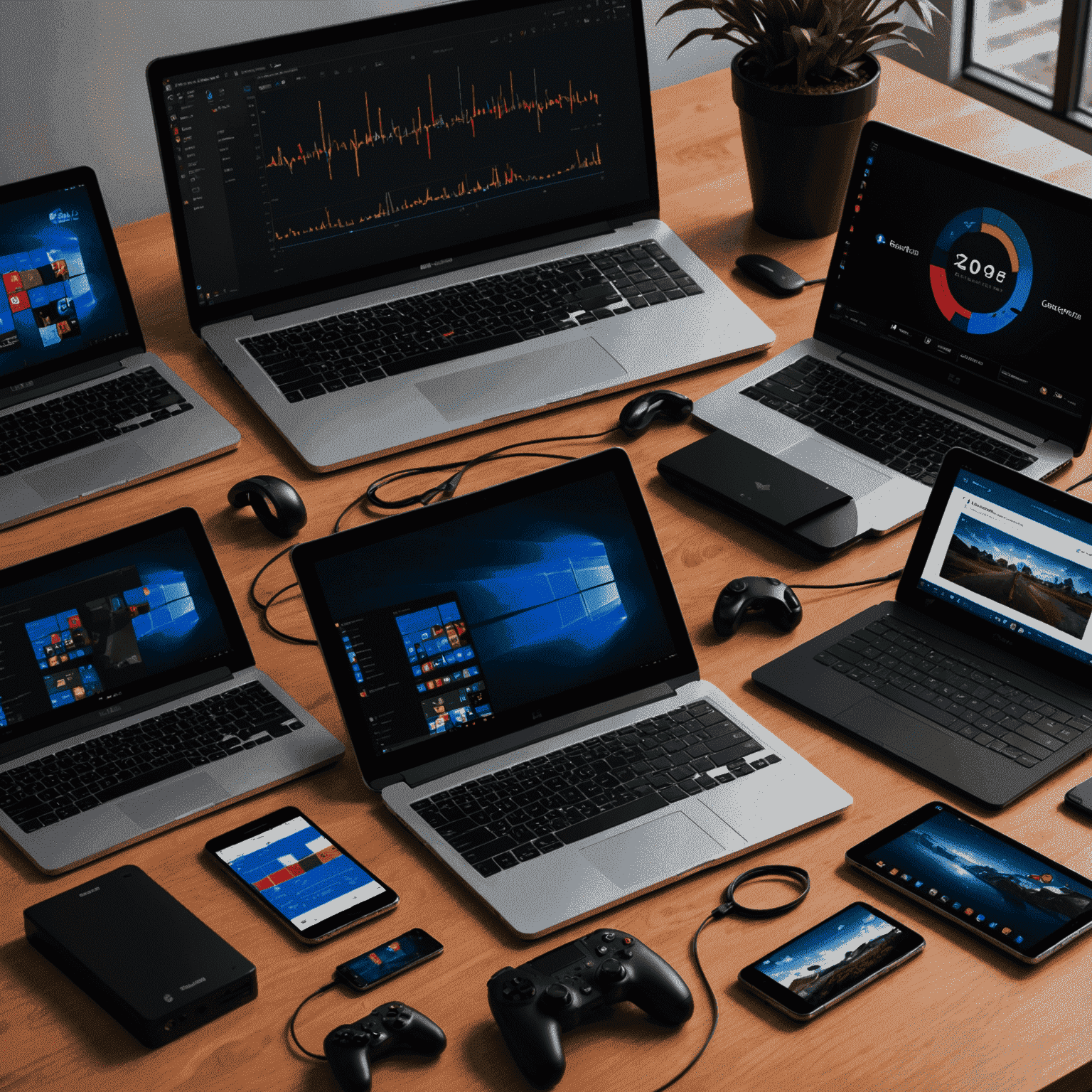 A collage of various devices (smartphones, tablets, laptops, and gaming consoles) with performance graphs and code snippets overlaid, illustrating the concept of optimizing game performance across different platforms.