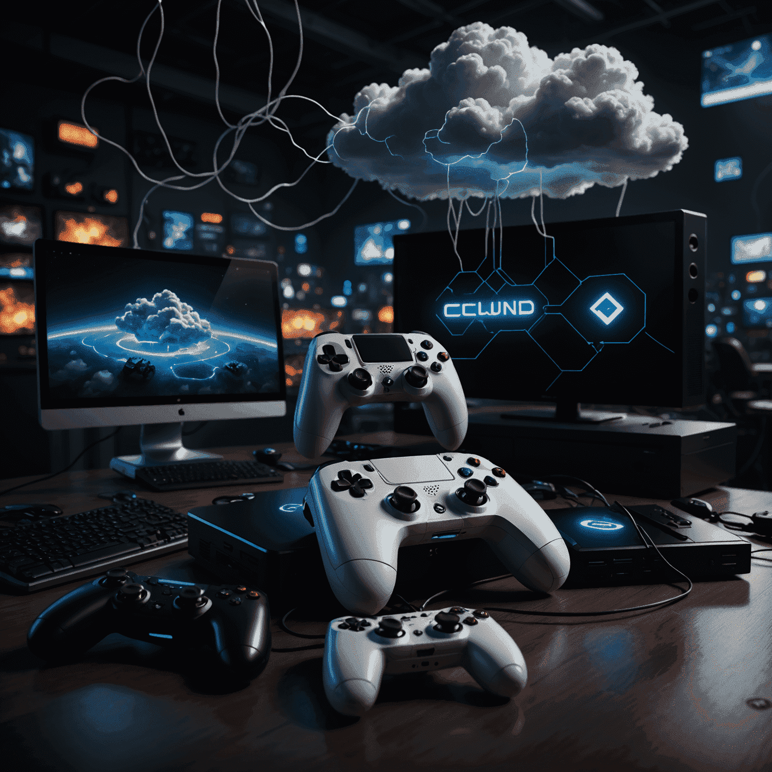 Futuristic image of cloud servers connected to various gaming devices, with streaming symbols and a game controller in the foreground.